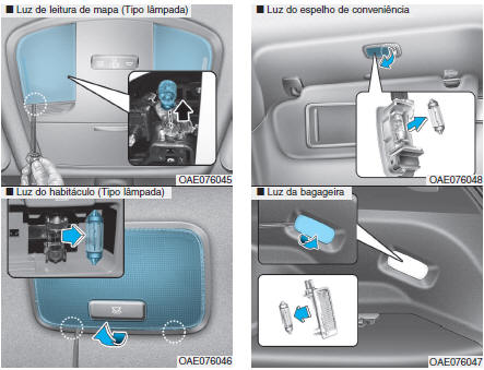 Luz de leitura de mapa, luz de habitáculo, luz do espelho de conveniência e luz da bagageira