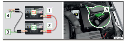 Fig. 328 Auxílio de arranque: - bateria descarregada, - bateria fornecedora de corrente / ponto de massa do motor no sistema START-STOP