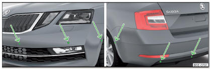 Fig. 242 Local de instalação dos sensores no lado esquerdo do veículo: à frente/atrás