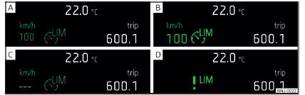 Fig. 268 Visor MAXI DOT (monocromática): Exemplos para a indicação de estado do limitador de velocidade