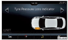 Fig. 287 Tecla para memorização / Exemplo do ecrã: é indica uma mudança da pressão do pneu dianteiro esquerdo