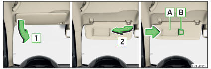 Fig. 58 Baixar pala / levantar pala / espelho de maquilhagem e suporte de talão de estacionamento