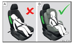 Fig. 14 Uma criança incorretamente protegida e sentada numa posição incorreta - sujeita a ferimentos devido ao airbag lateral / uma criança corretamente protegida numa cadeira de criança