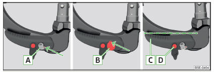 Fig. 291 Posição de disponibilidade: Variante chave 1 / Variante chave 2 / posição da alavanca e a cavilha de desengate nas duas variantes chave