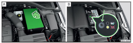 Fig. 314 Bateria do veículo: Abrir a cobertura / Indicador no nível de ácido